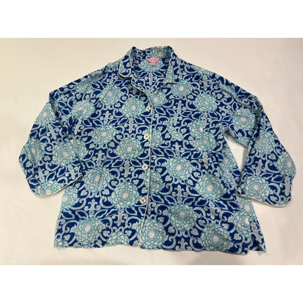 Lilly Pulitzer Blouse Womens XL Blue Paisley 3/4 Sleeve 100% Cotton Preppy